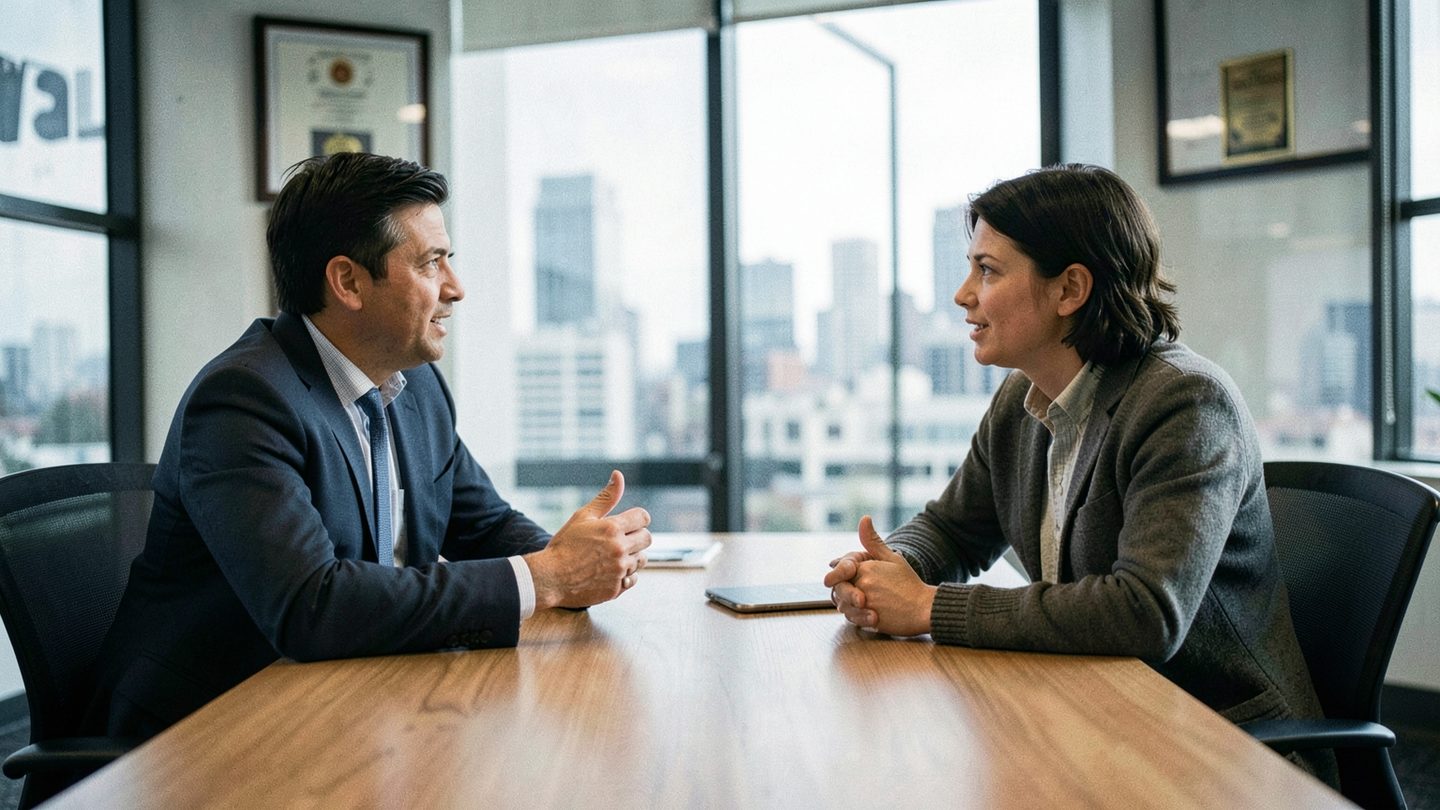 Editorial photo of two people collaborating in a professional setting, evoking partnership and career alignment