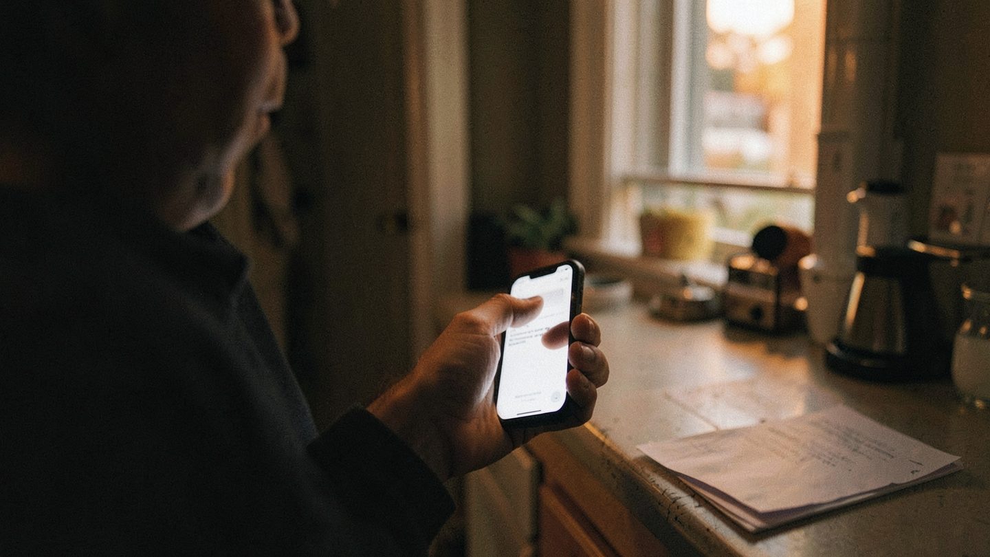 A person hesitating over an unsent message in a moody autumn interior