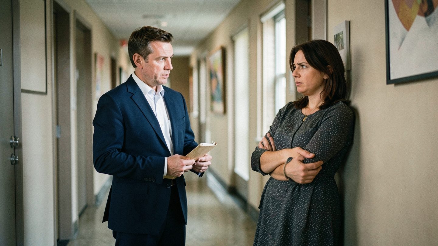 Two coworkers in a candid hallway conversation after a difficult meeting.