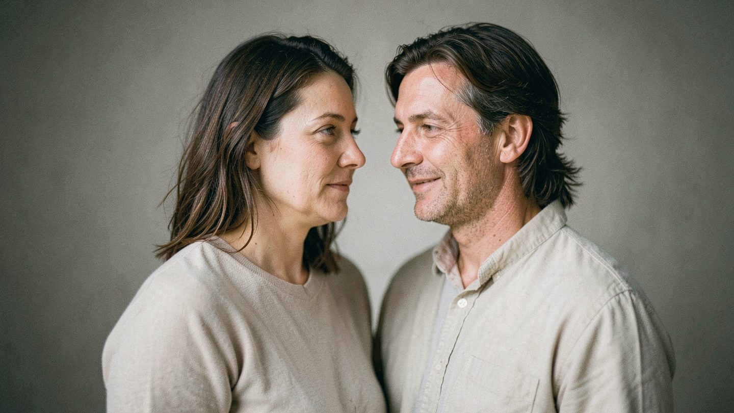 Candid editorial portrait suggesting ease between partnership and self-presentation