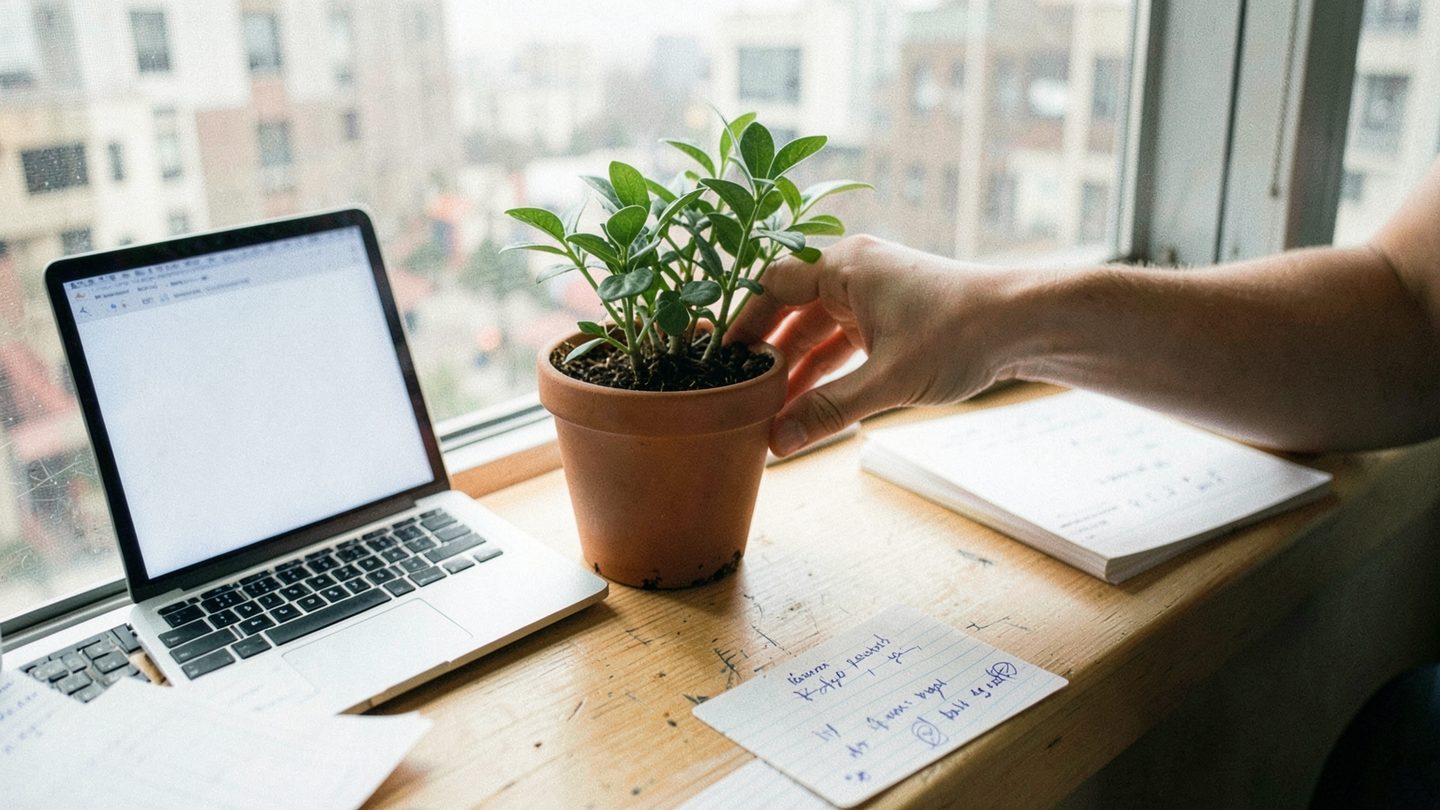 A hand placing a potted plant by a workplace window
