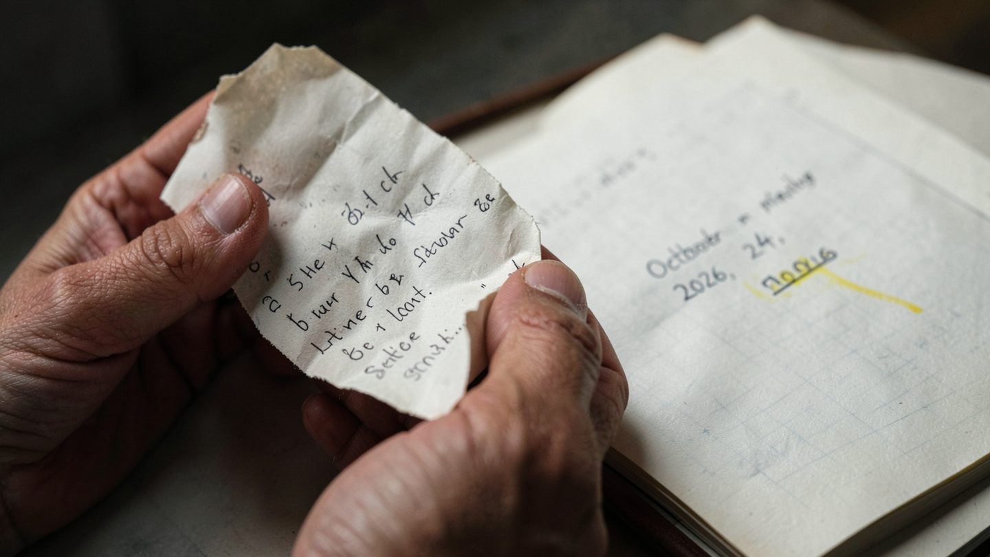 Hands reviewing an unsent message beside a calendar marked October 24, 2026