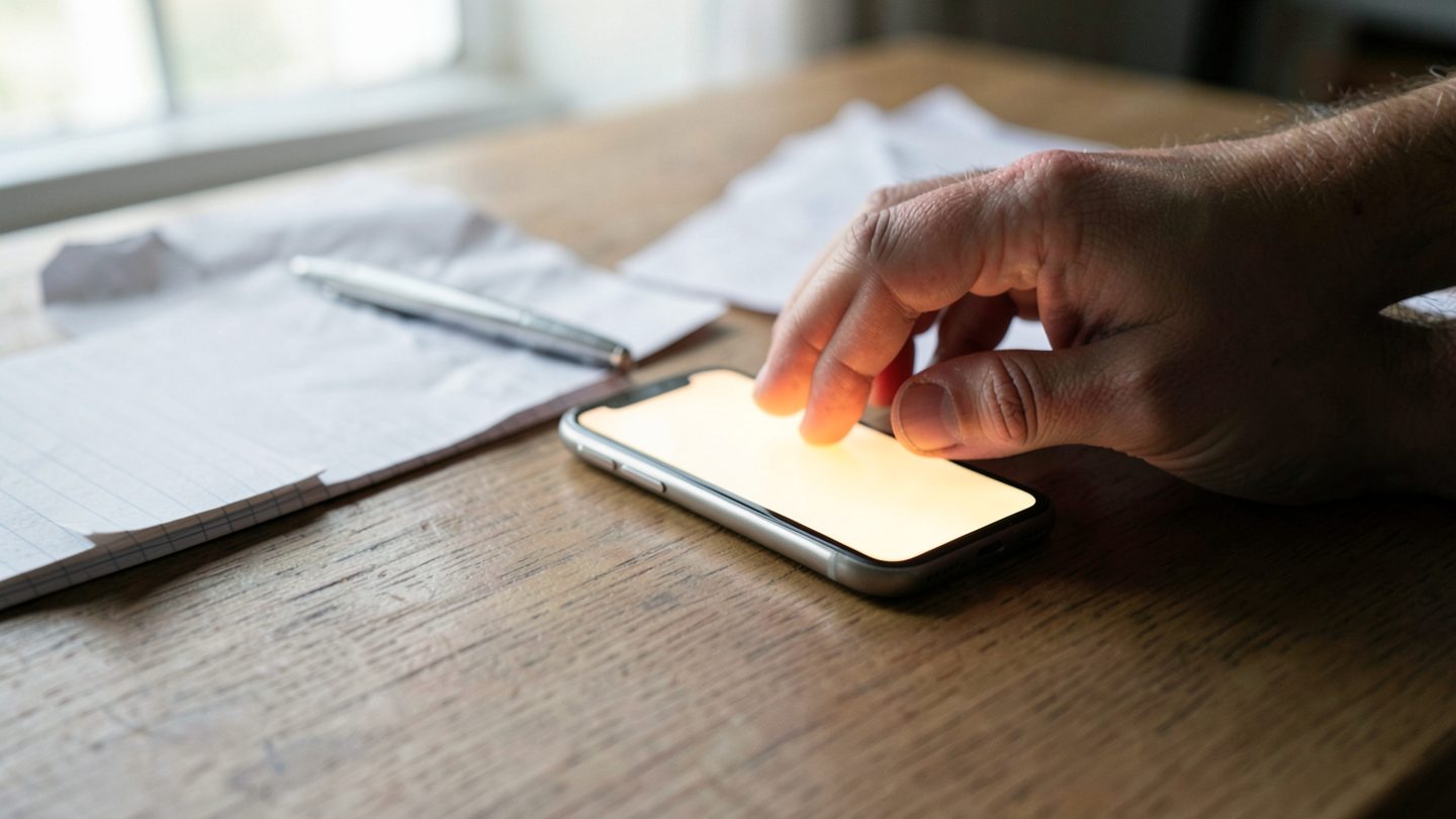 A person’s hand pauses beside a smartphone and an unused notebook on a table, suggesting hesitation to send a message, with crumpled blank paper nearby in soft natural light.