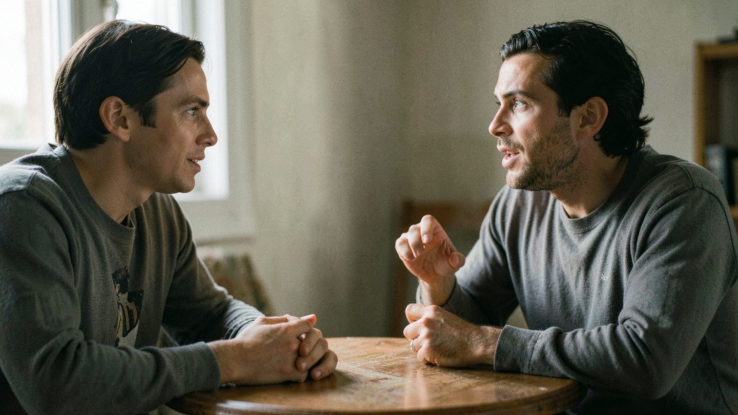 Two people in a quiet conversation at a table