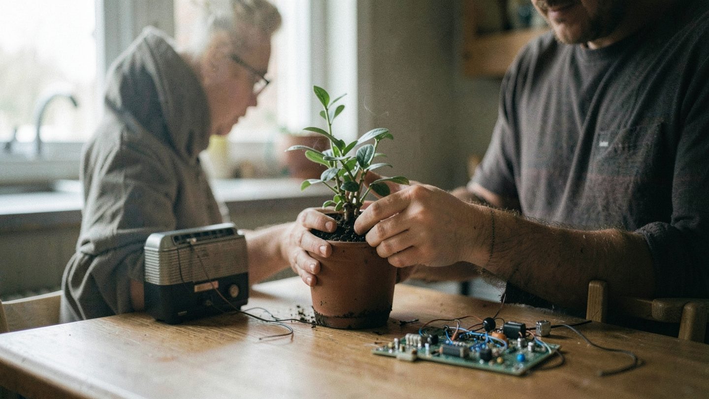 A person repotting a small houseplant at a kitchen table beside a disassembled vintage radio or small circuit board, in soft window light with a calm editorial feel, muted earth tones, and a subtle electric blue accent.