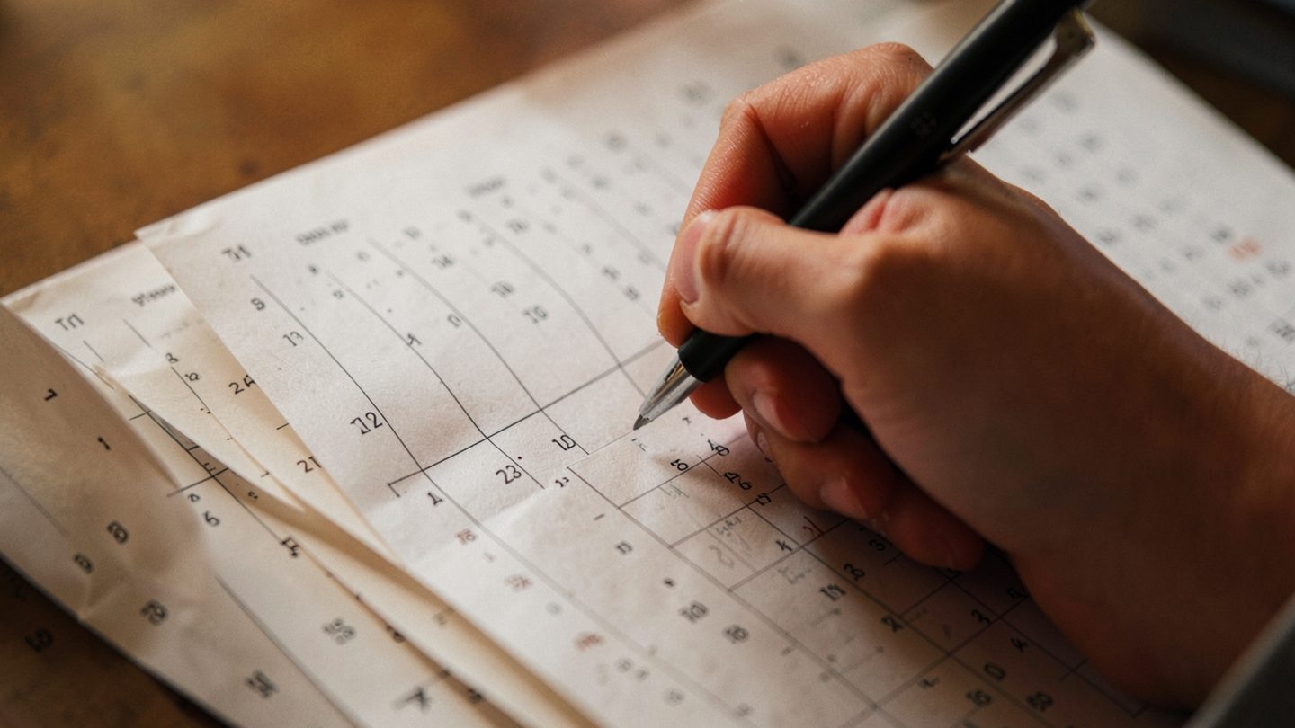 Close-up of a hand and calendar in a reflective editorial scene