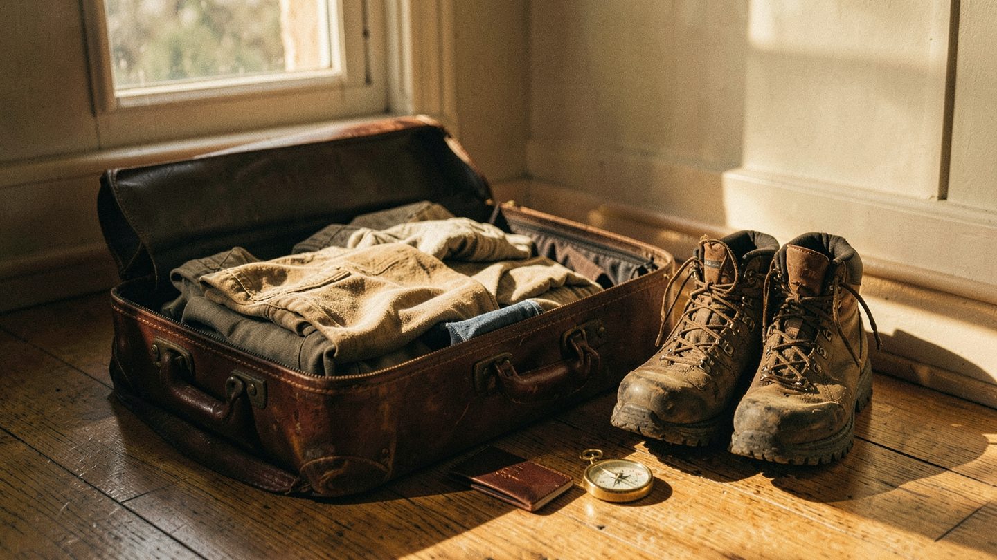 An open suitcase on a sunlit floor with folded clothes, hiking boots, and a compass beside it, suggesting travel preparation in warm golden light.