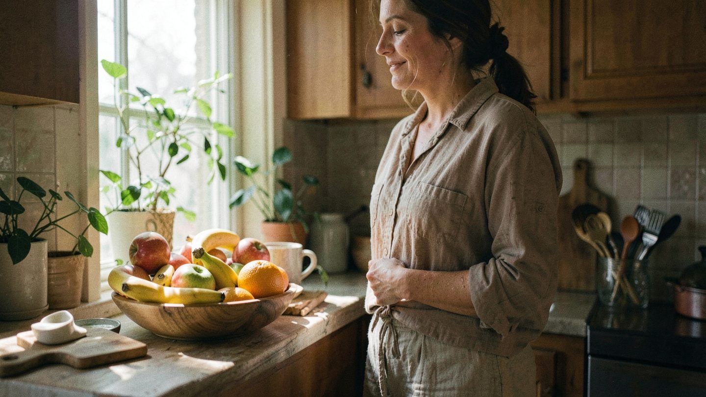 Editorial photo-style scene suggesting care, routine, and grounded self-presentation
