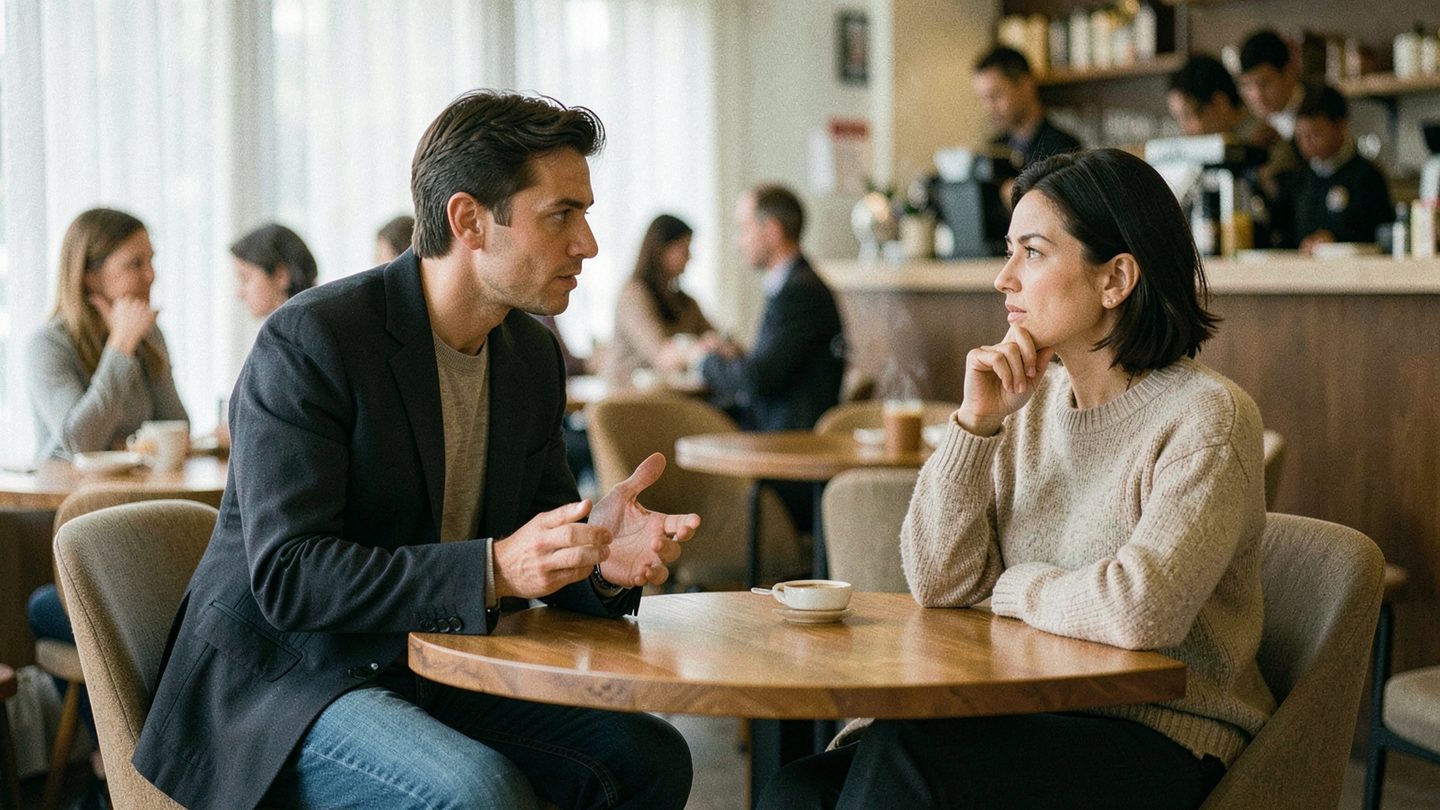 Two people having a careful, honest conversation in a café