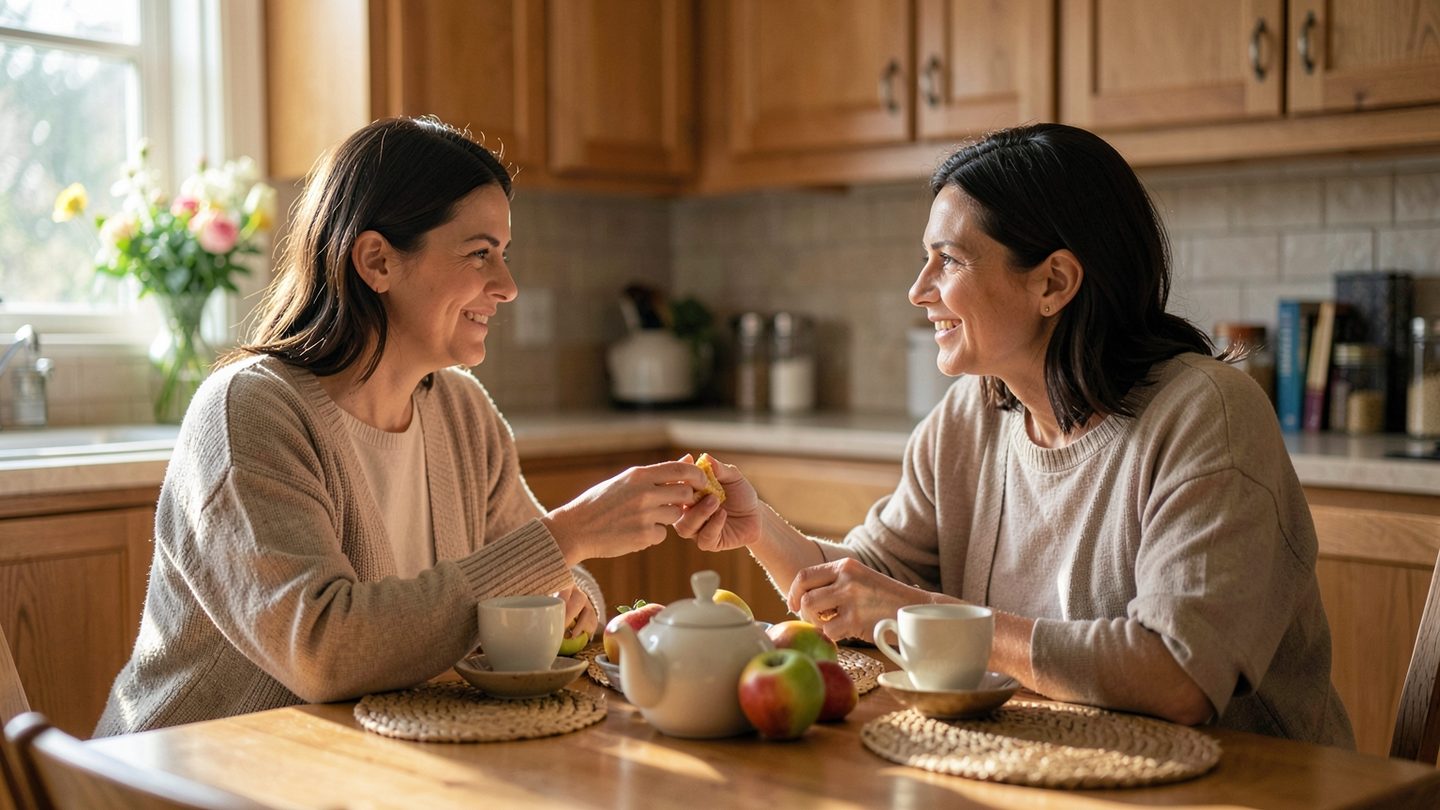 Two adults sitting at a sunlit kitchen table, sharing fruit and tea with calm, attentive expressions and a sense of mutual care in a natural candid scene.