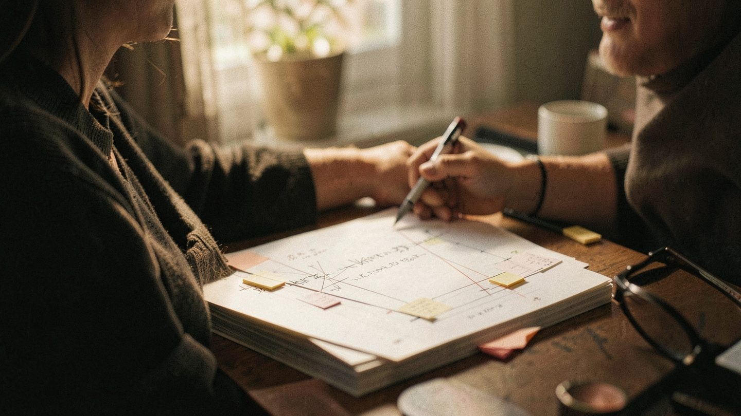A person sitting at a desk in soft window light, holding a stack of mostly blank draft pages covered with unreadable edit marks, with a pen and coffee nearby, conveying the tension of finishing and approving a heavily revised document.