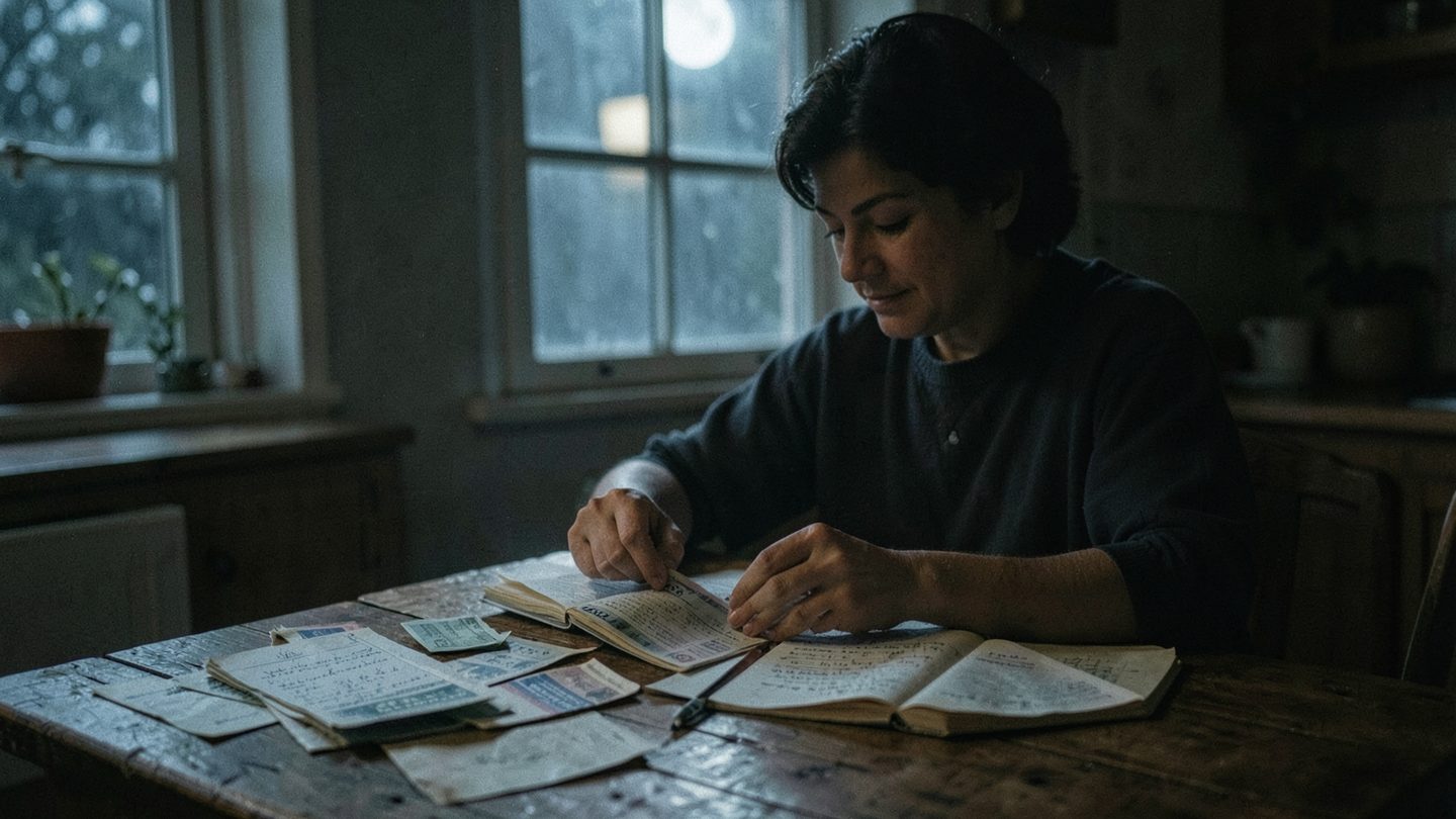A person sorting bills and subscription notices by moonlight