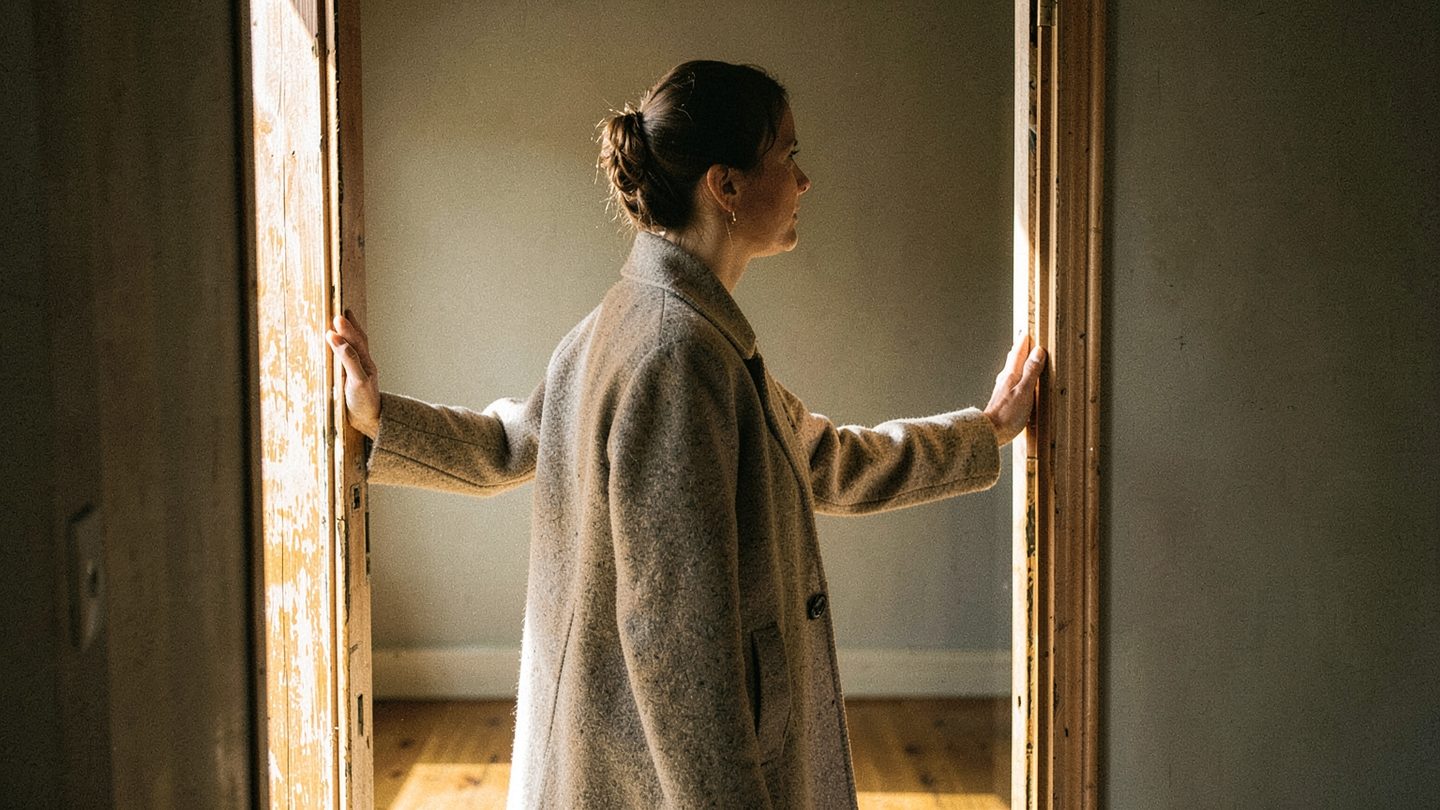 A person in profile stands at an open doorway in a quiet late-autumn interior, with bright daylight streaming in from outside and a simple, uncluttered room around them.