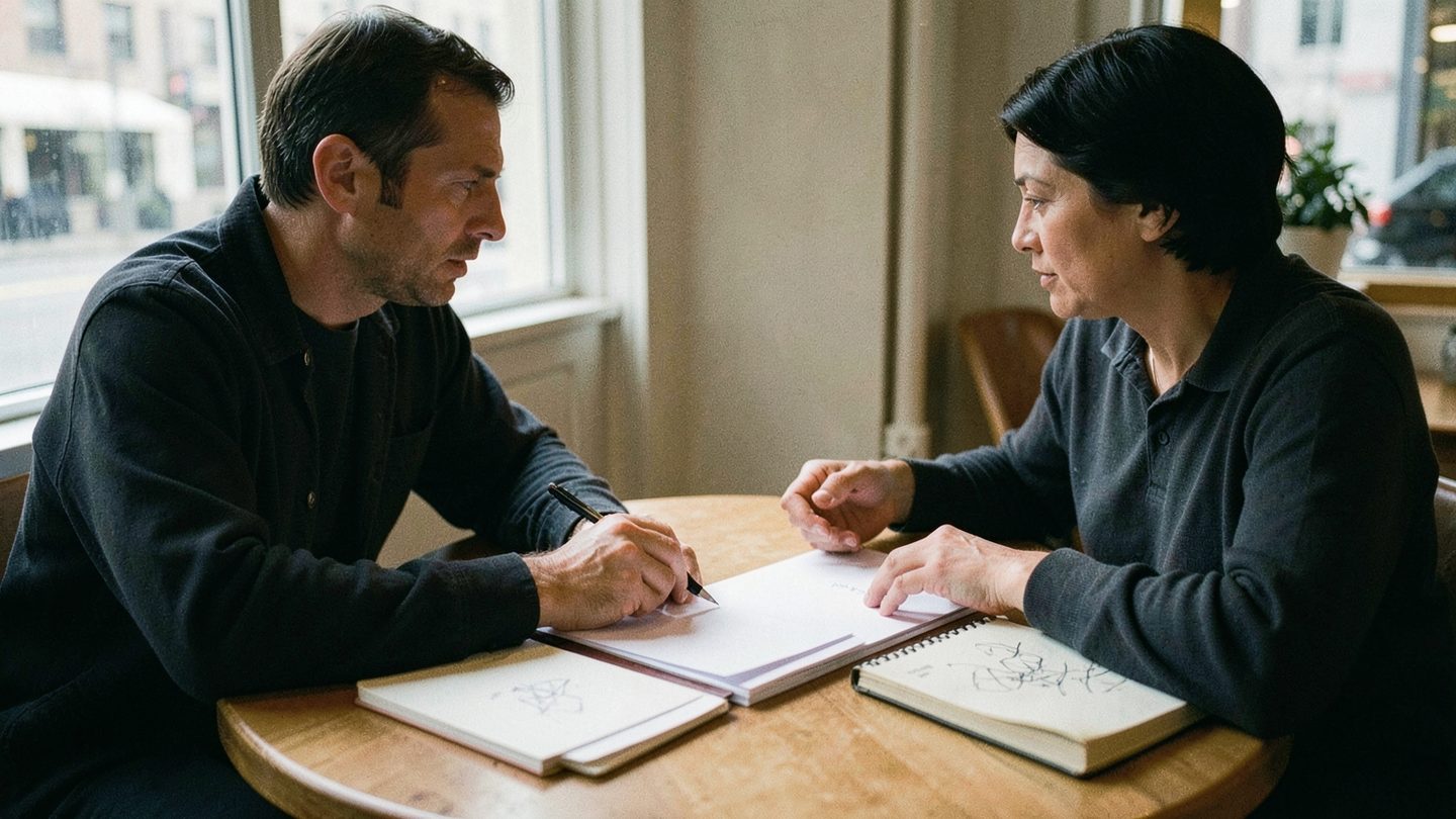 Two adults seated across a café table reviewing blank papers and a closed notebook in soft natural light, with a calm but serious negotiation mood.