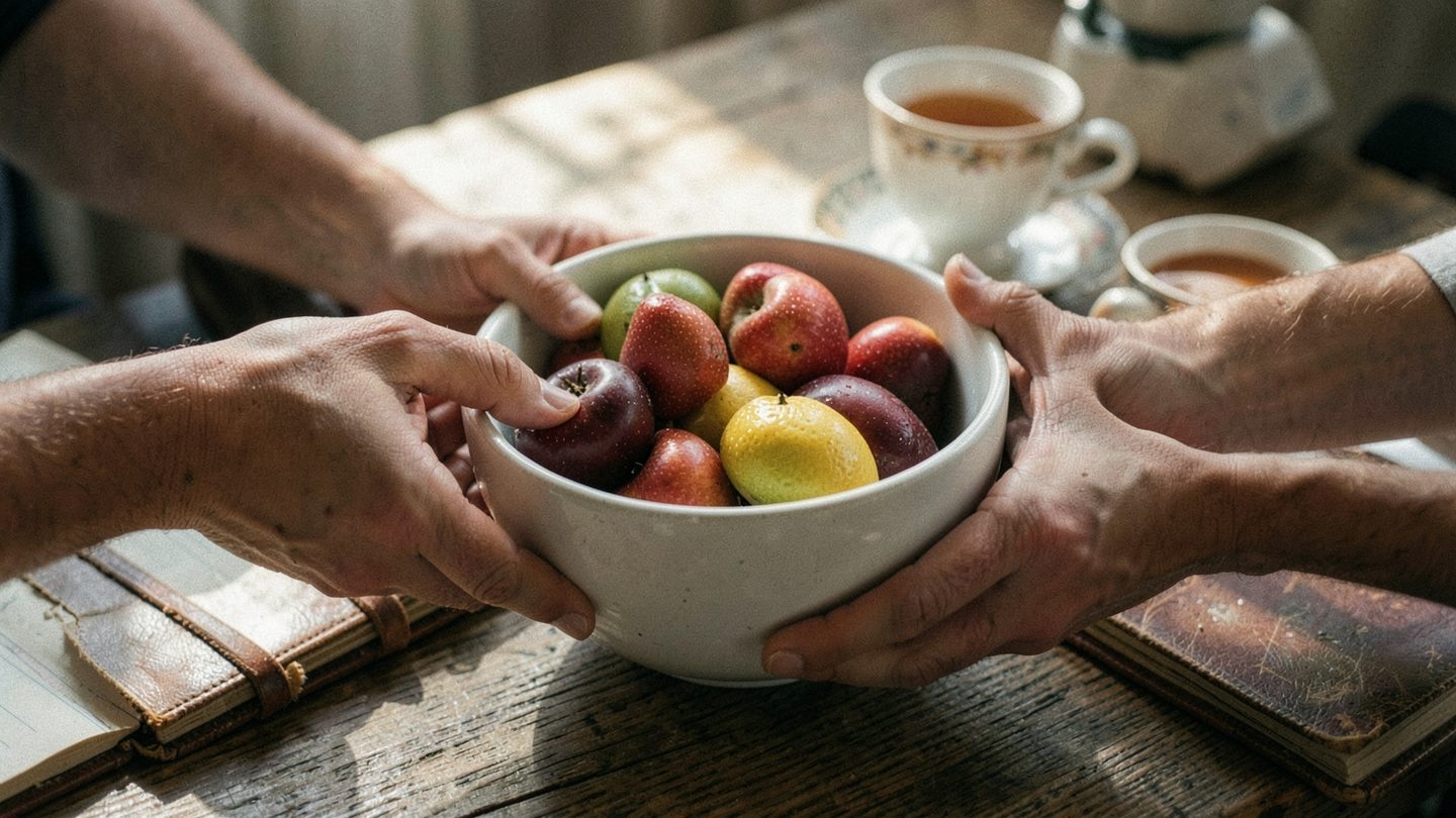 Hands sharing food across a sunlit table in an editorial-style photograph.