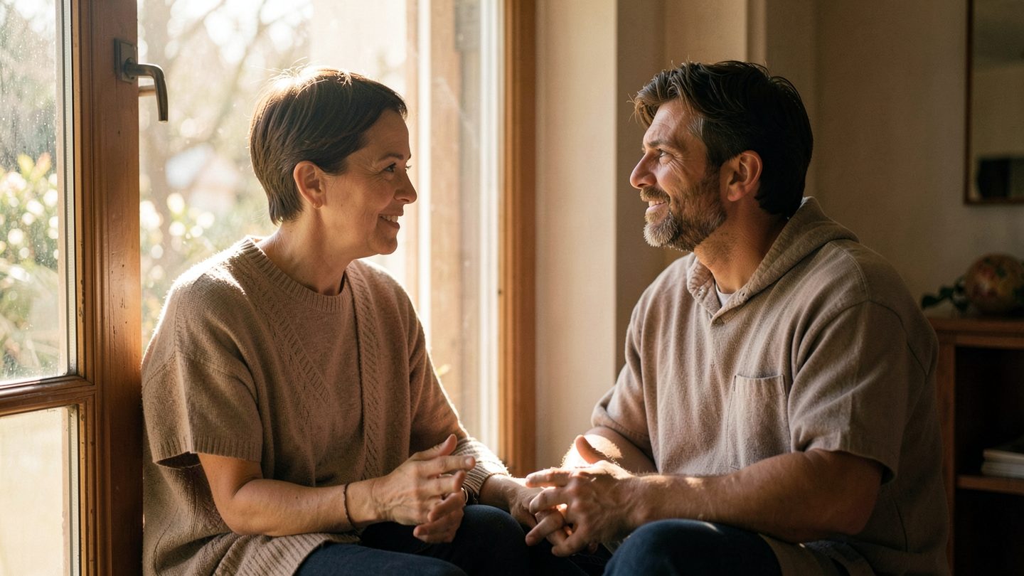 Two adults talking quietly beside a bright doorway in a warm interior, with soft sunlight and a calm editorial feel, no visible symbols or charts.