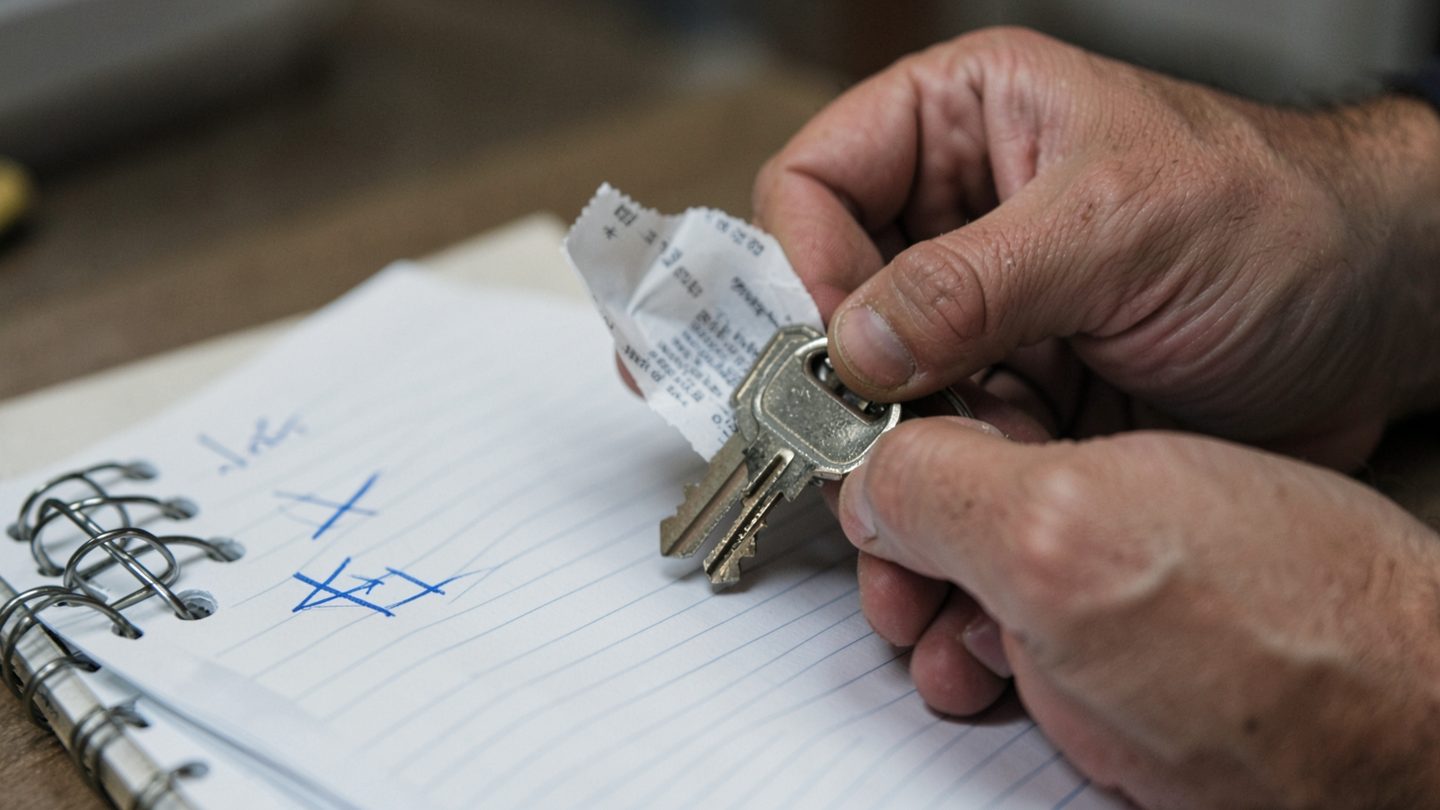 Hands with keys and a receipt beside a checklist