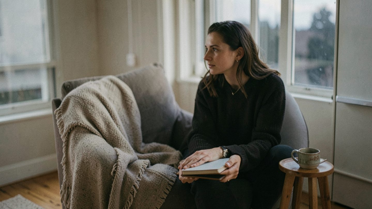 A thoughtful person sits by a window at dusk in a quiet room, holding a mug beside a blank notebook, lit by soft natural light, creating a reflective editorial mood.