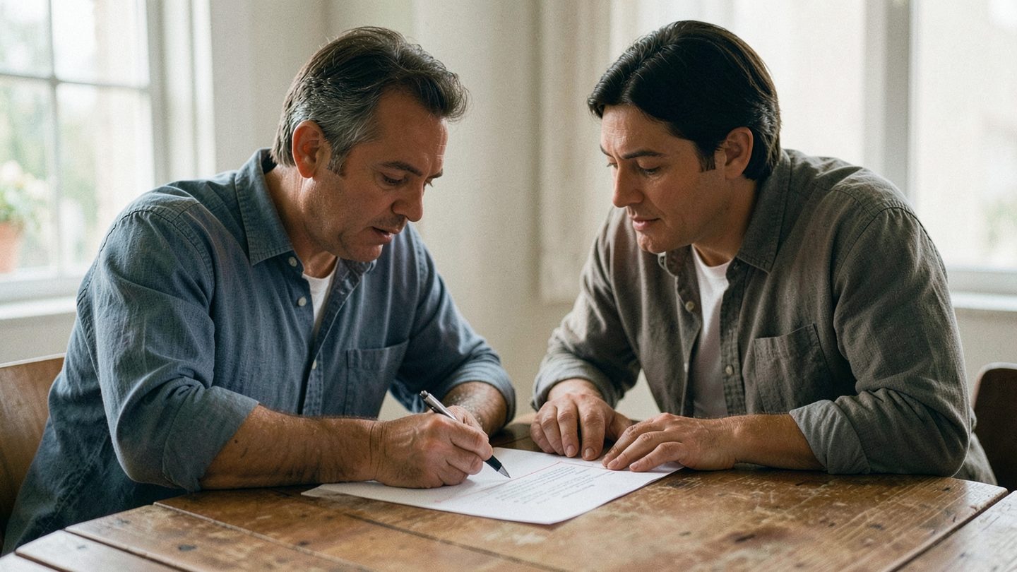 Two people reviewing an agreement with a clear boundary in a realistic editorial scene