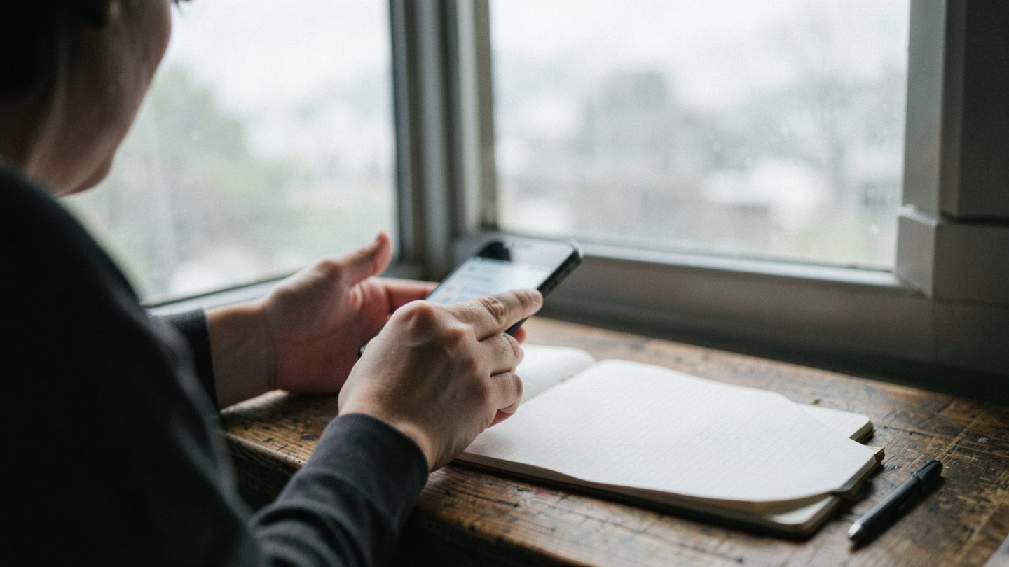A candid editorial photo of a person by a window hesitating before sending a message on a smartphone, with blank notebook pages and soft natural light creating a calm, reflective mood.