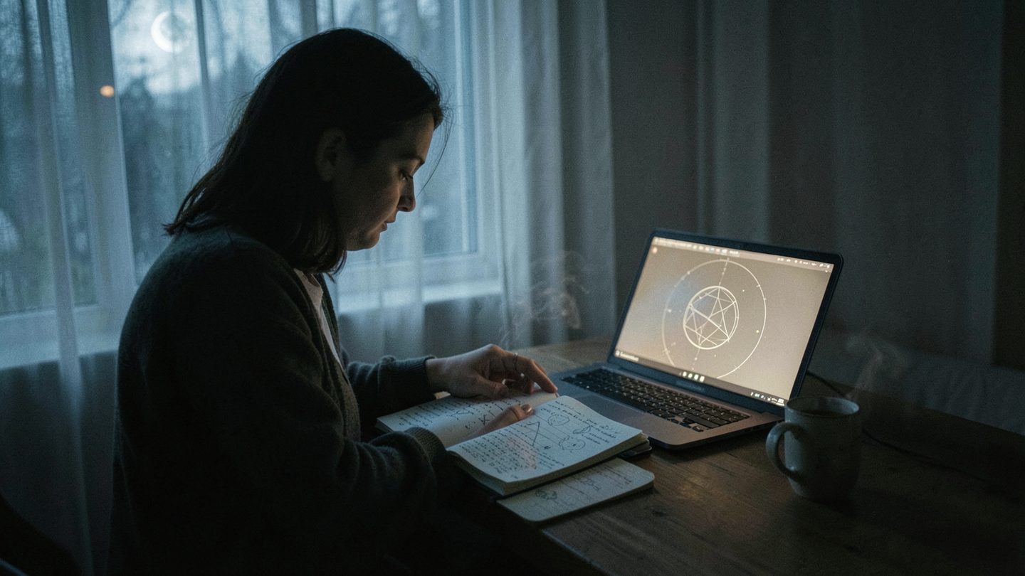 Editorial photo concept for a grounded full-moon birth-chart reading