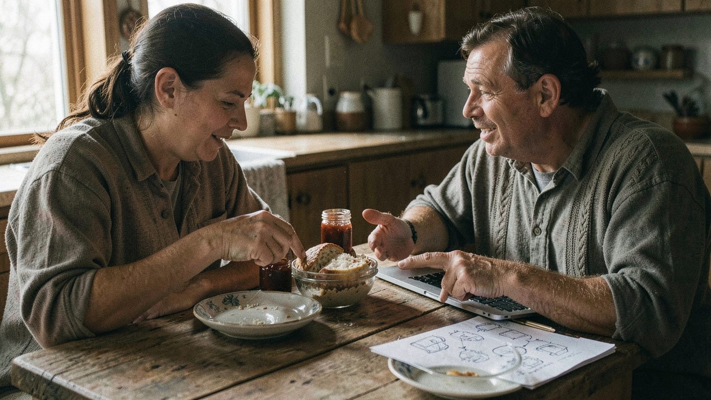 Two people at a kitchen table balancing care and expansion