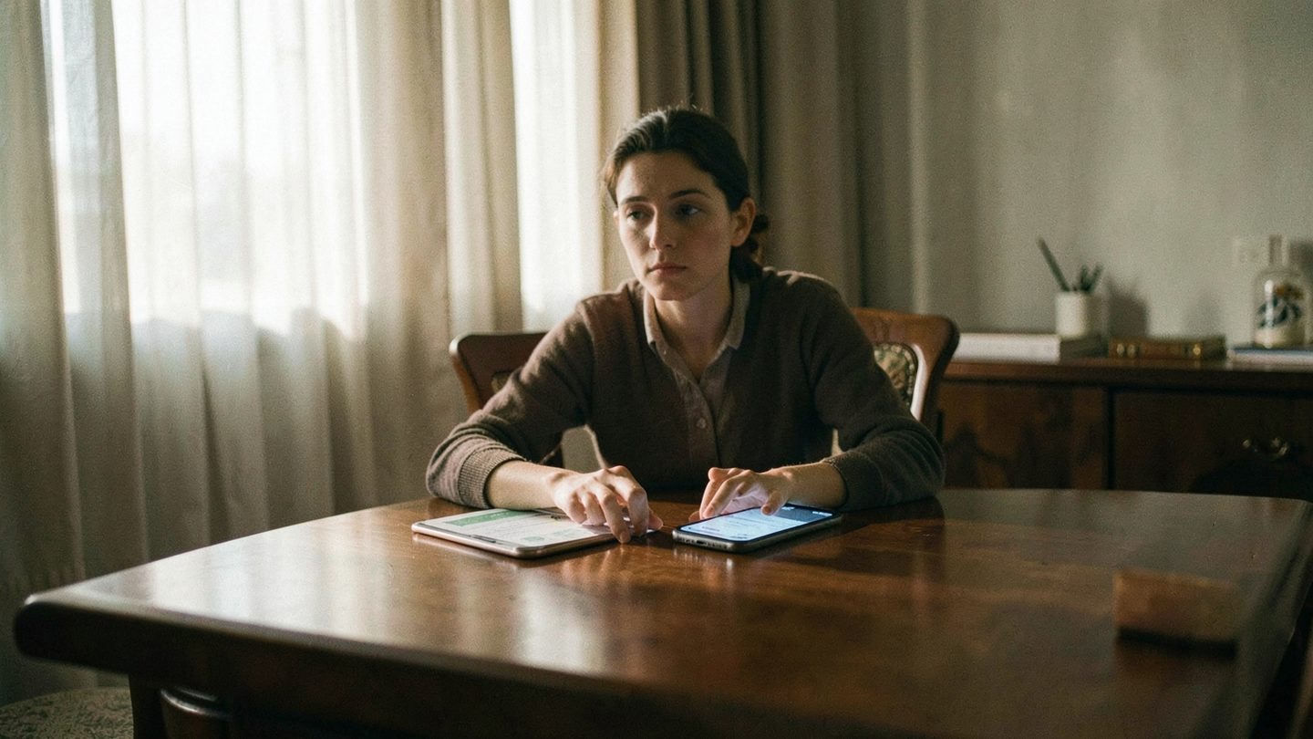 A person weighing two options at a table in a calm, editorial-style scene