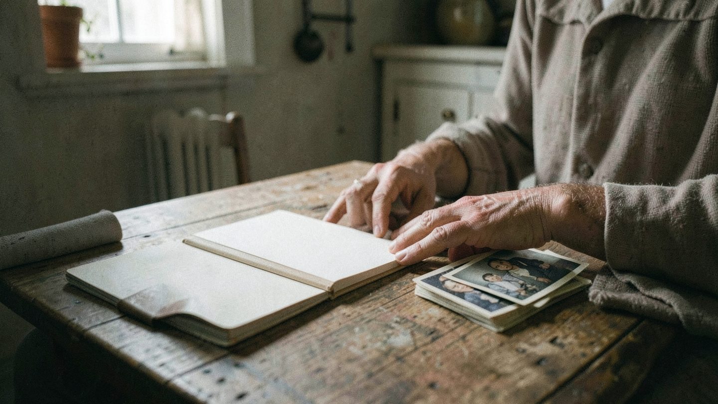 A person sits quietly at a wooden kitchen table in a soft dawn-lit home, with a blank notebook and a small stack of face-down family photographs beside them, creating a reflective scene about family history and private memory.