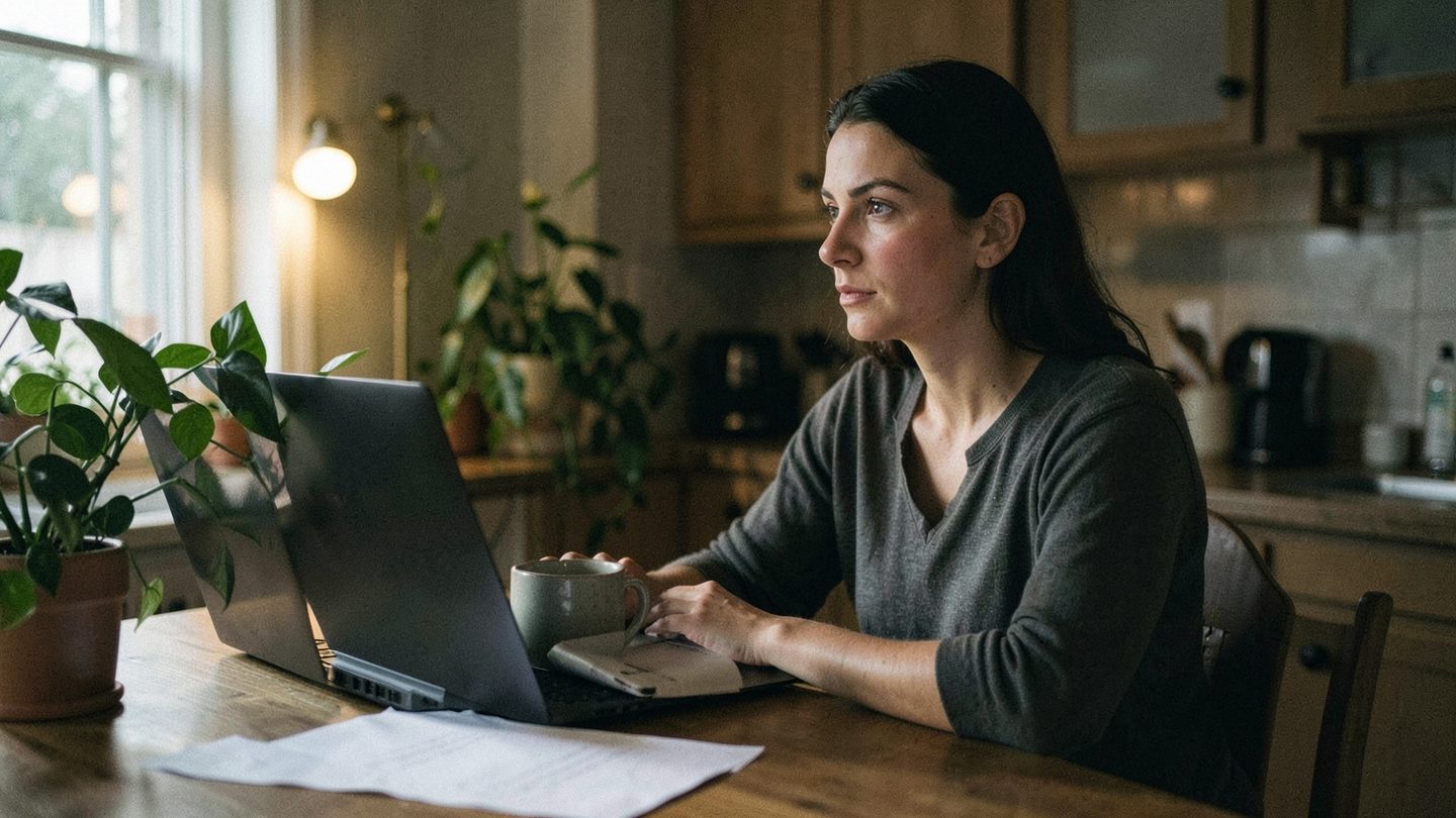 A woman sits at a kitchen table in warm evening light beside a closed laptop, a lunch container, a mug, and a houseplant, with blank papers nearby, creating a quiet scene that suggests the tension between home responsibilities and career ambitions.