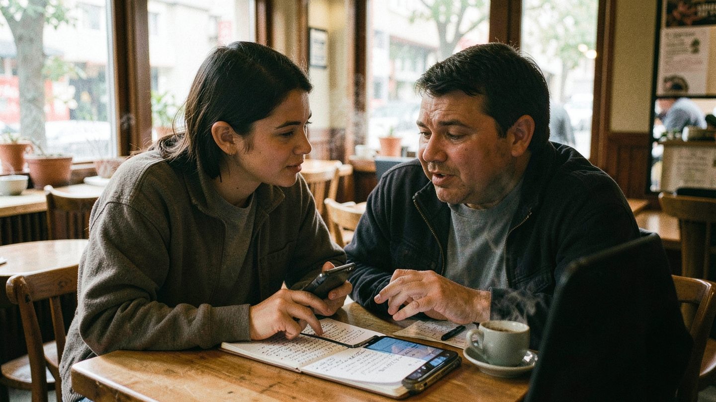 Two people discussing boundaries and compromise in a café