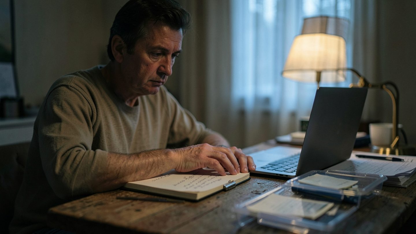 A person pausing over notes in a moody home office at dusk
