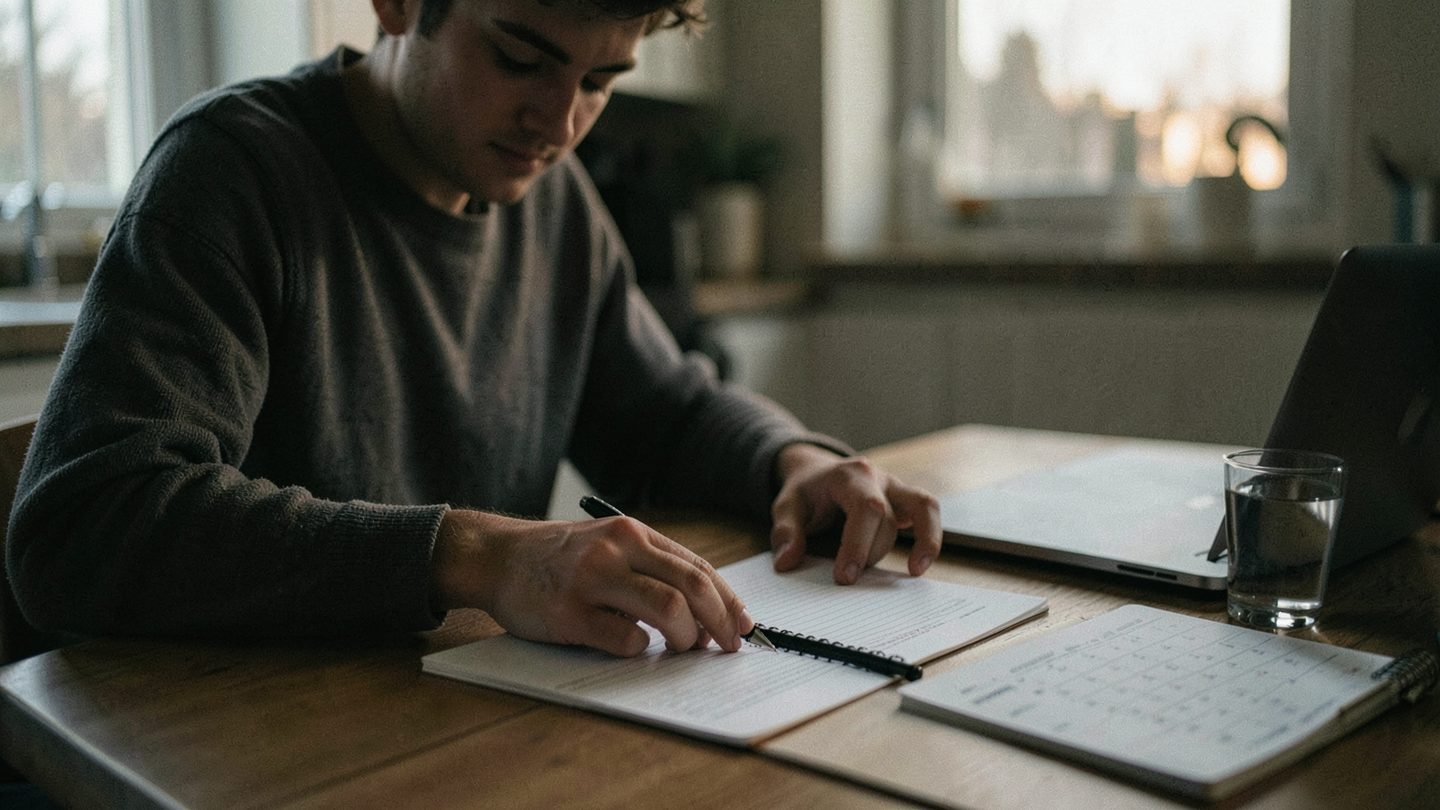 A person hesitating over a contract and notebook, suggesting a boundary decision at the Libra new moon.