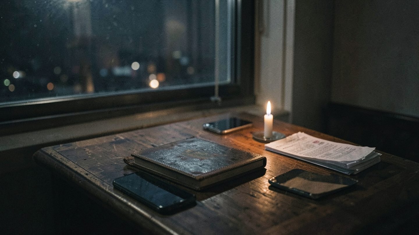 A quiet, moody desk scene suggesting private planning and selective disclosure