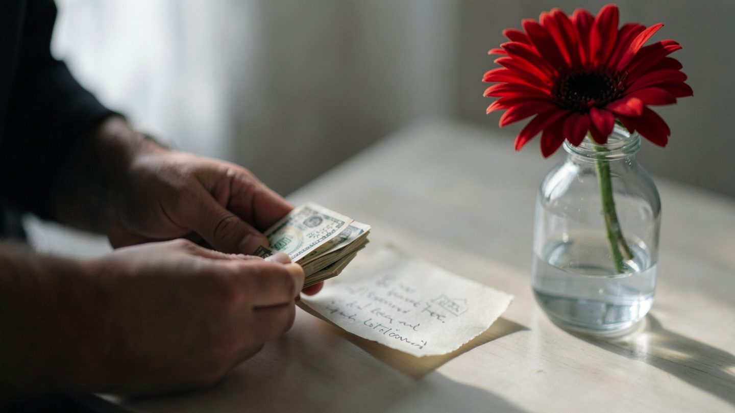 Close-up editorial image of bills and a note beside a red flower