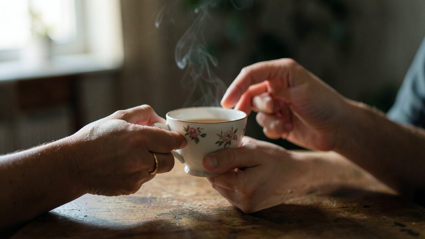 Hands pausing over an offered cup, suggesting care and hesitation