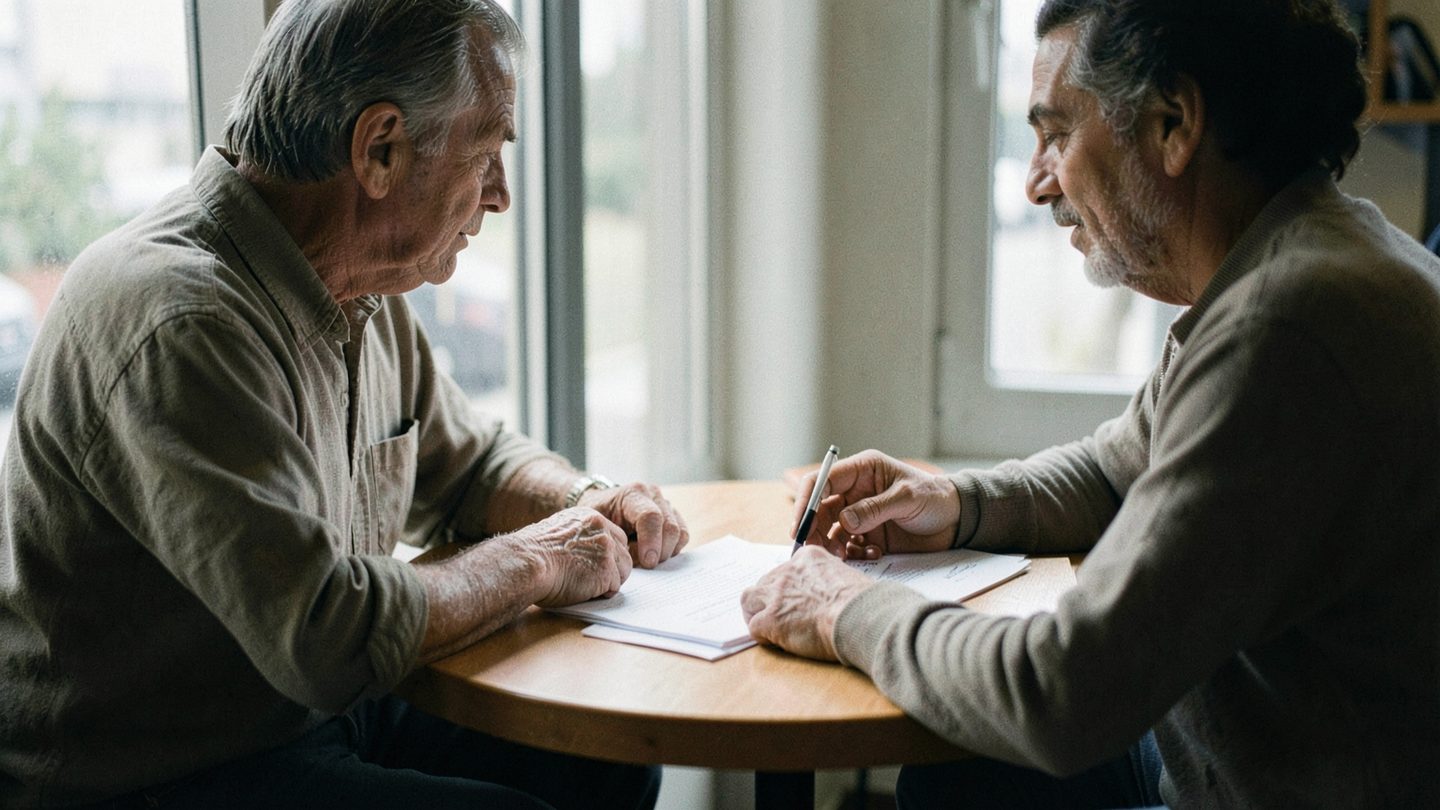 Two people reviewing a contract at a table in a calm, balanced editorial scene