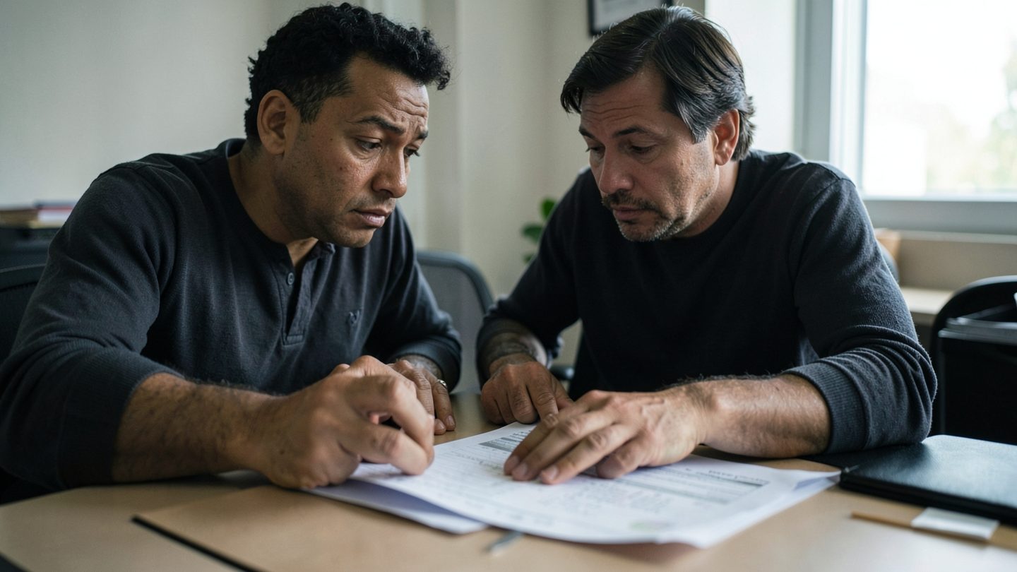 Editorial photo concept of a couple or partners reviewing a contract during Venus retrograde