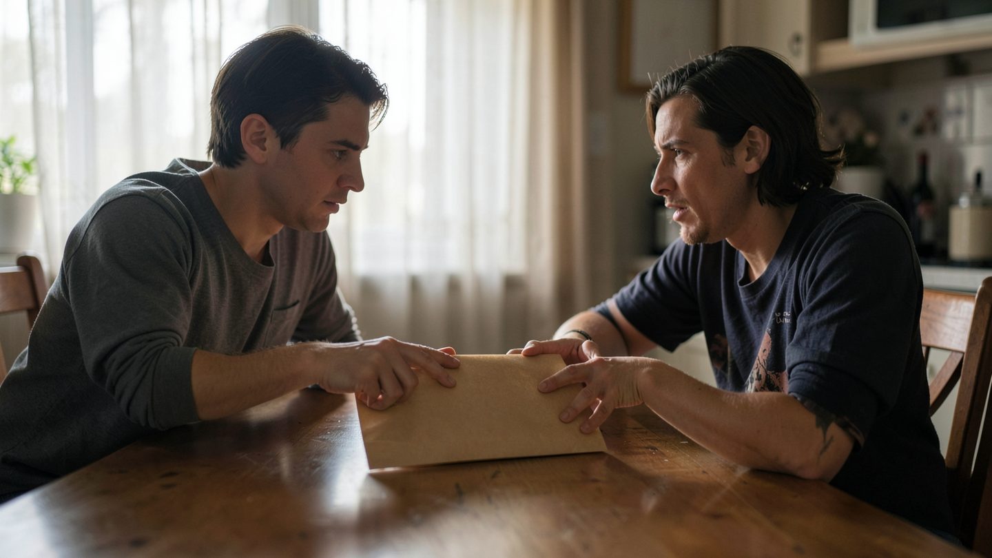 Two people seated at a table in a candid relationship discussion, both reaching toward the same plain manila folder, with subtle tension in their posture and natural window light in a muted, realistic setting.