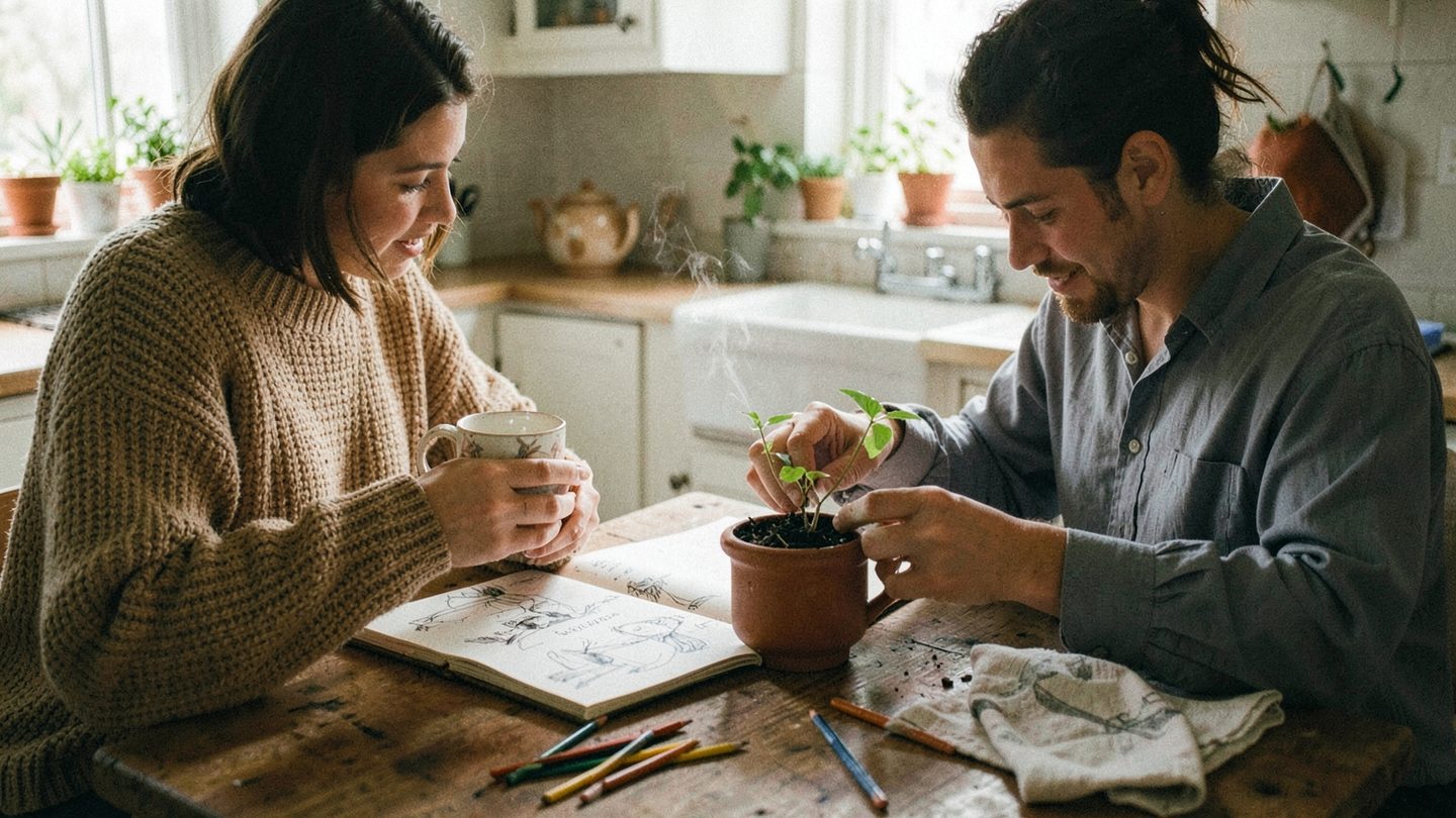 Two people collaborating in a calm, nurturing setting
