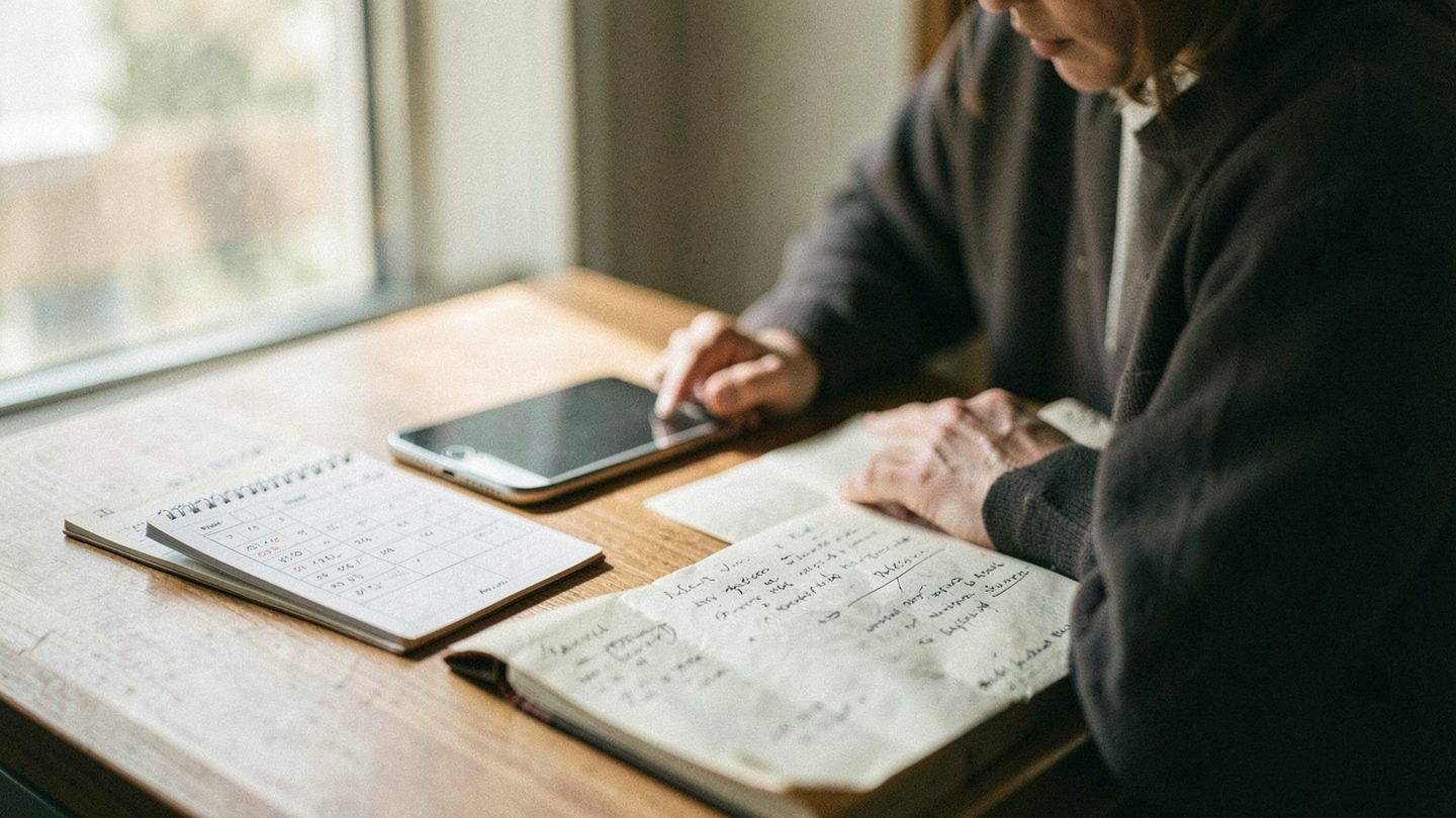 Editorial photo concept of a person reviewing messages and notes during Mercury retrograde