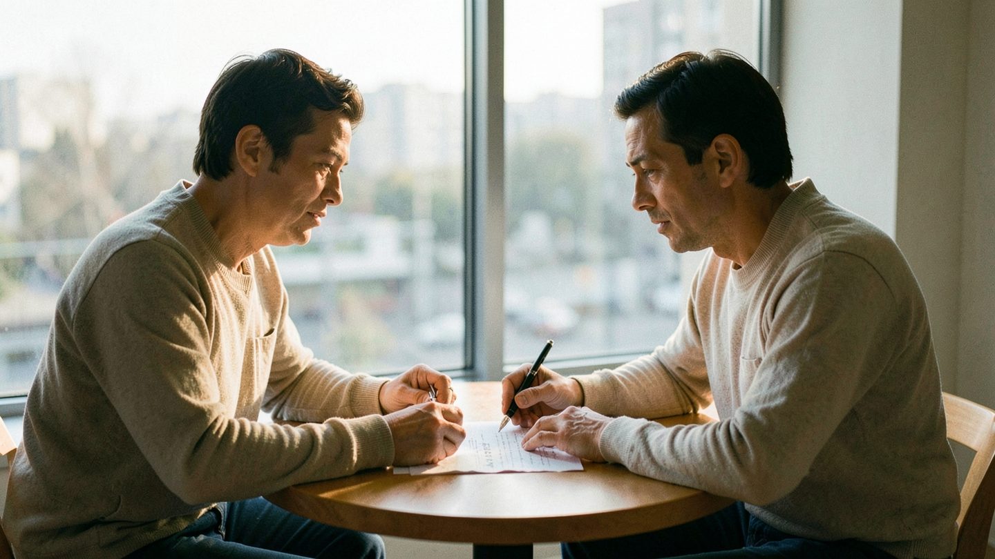 Two people reviewing an agreement at a table in soft editorial light