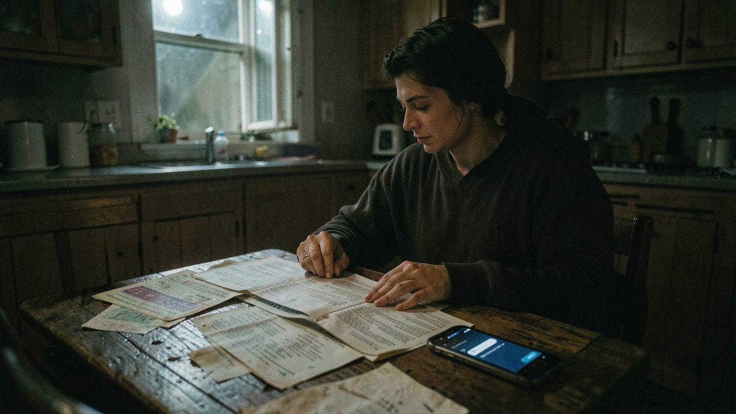 Editorial-style image of someone reviewing bills and a message by moonlight for a Taurus full moon story