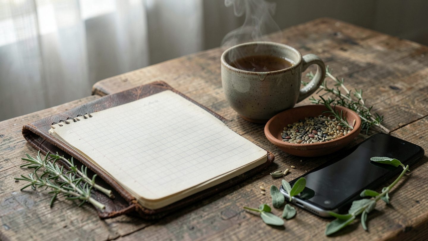 A quiet editorial tabletop still life with a blank open notebook, a cup of tea, a small bowl of seeds, fresh herb sprigs, and a closed phone with a dark screen in soft window light.