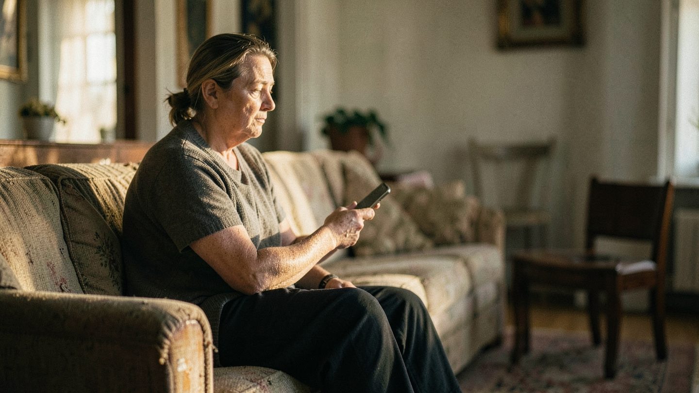 A realistic adult sits on the edge of a sofa in soft evening light, holding a smartphone with the screen turned away and unreadable, while looking thoughtfully off to the side; an empty chair nearby suggests an avoided conversation in a quiet living room.