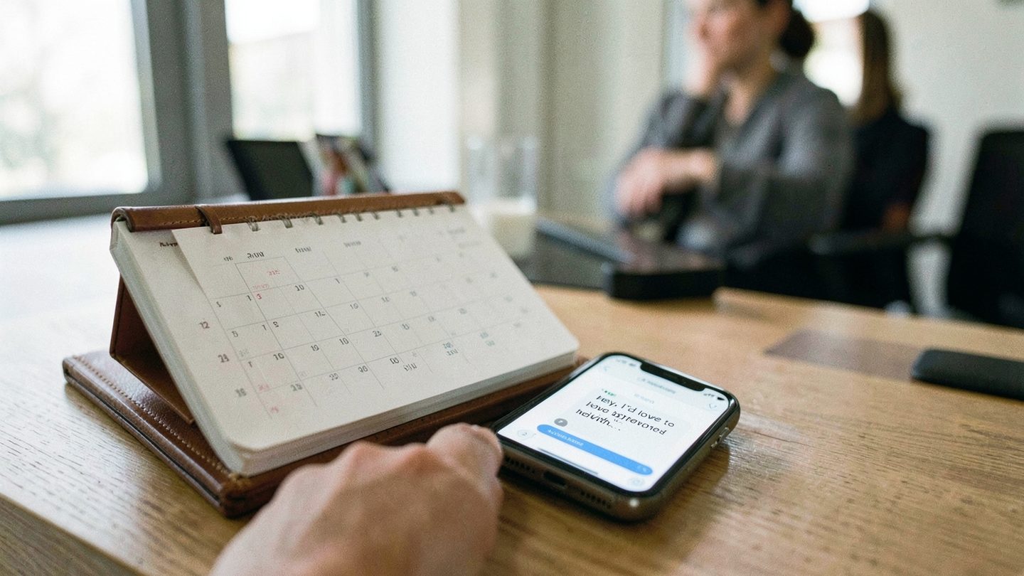 Hands hesitating over a calendar and message draft