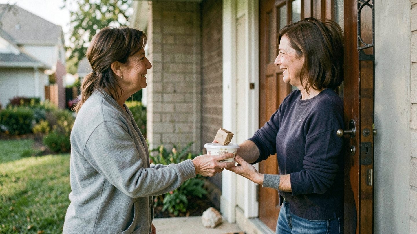A candid suburban doorstep scene where one person hands a soup container and a small wrapped care package to a neighbor who has opened the door and is receiving the gesture with appreciation. The image is realistic, warmly lit, and contains no visible text.