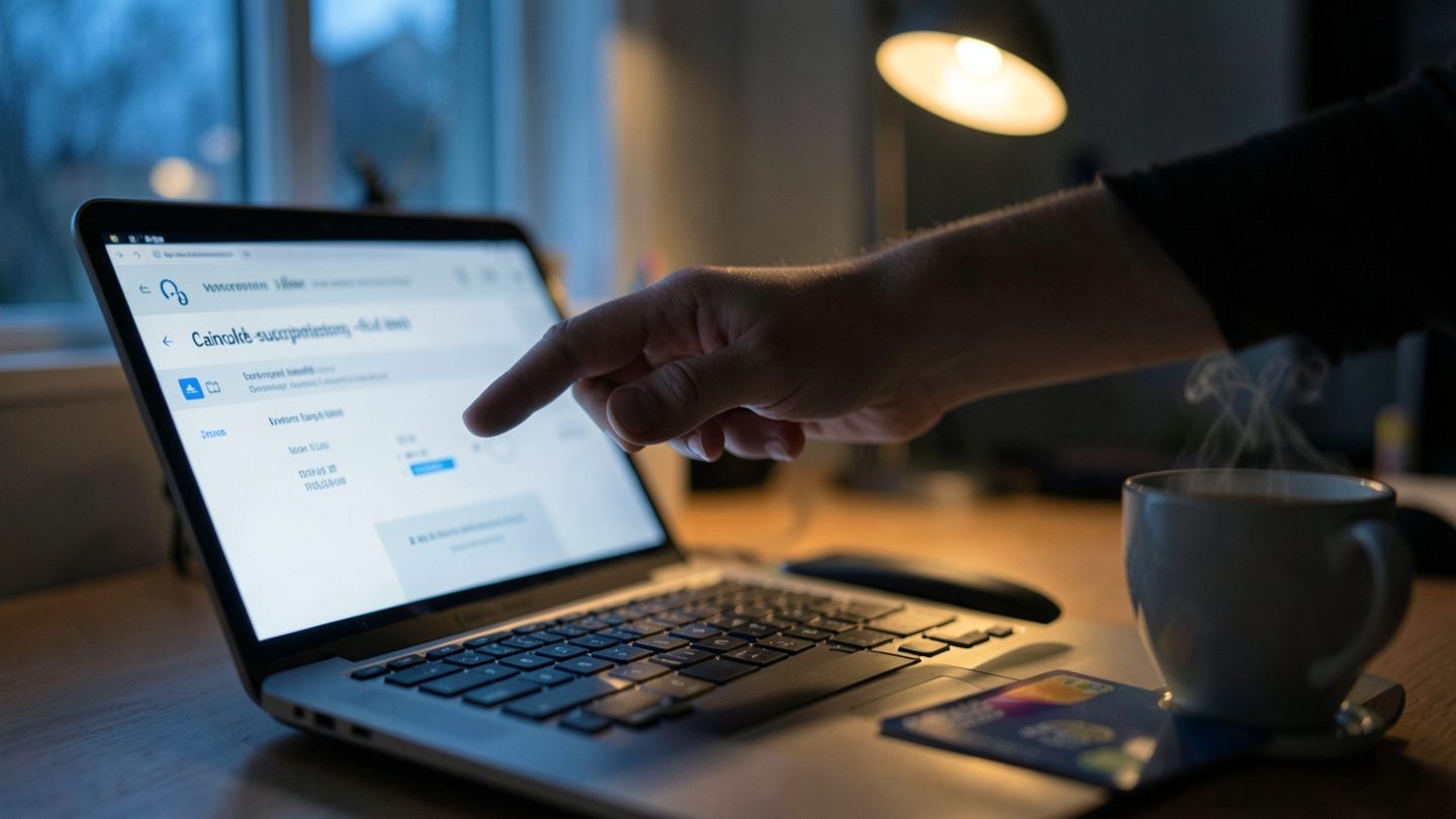Hand pausing over subscription cancellation screen beside a bank card