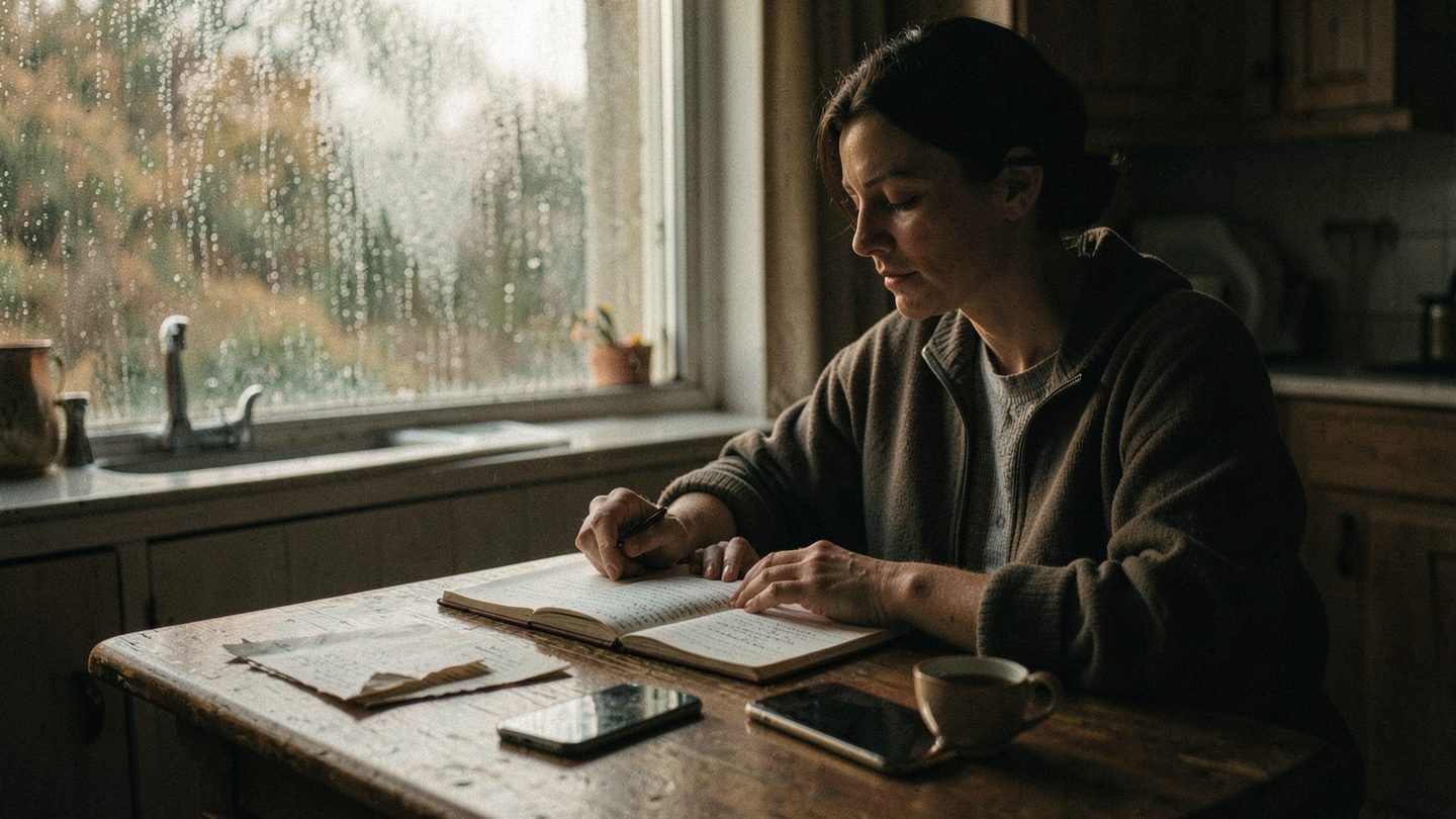 A person pausing alone at a kitchen table beside an unsent note.