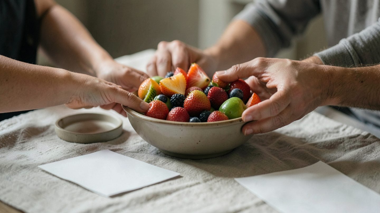 A quiet editorial tabletop scene shows two hands arranging a bowl of fresh fruit on a linen-covered table next to a plain ring dish and a blank folded card, lit by soft natural morning light.