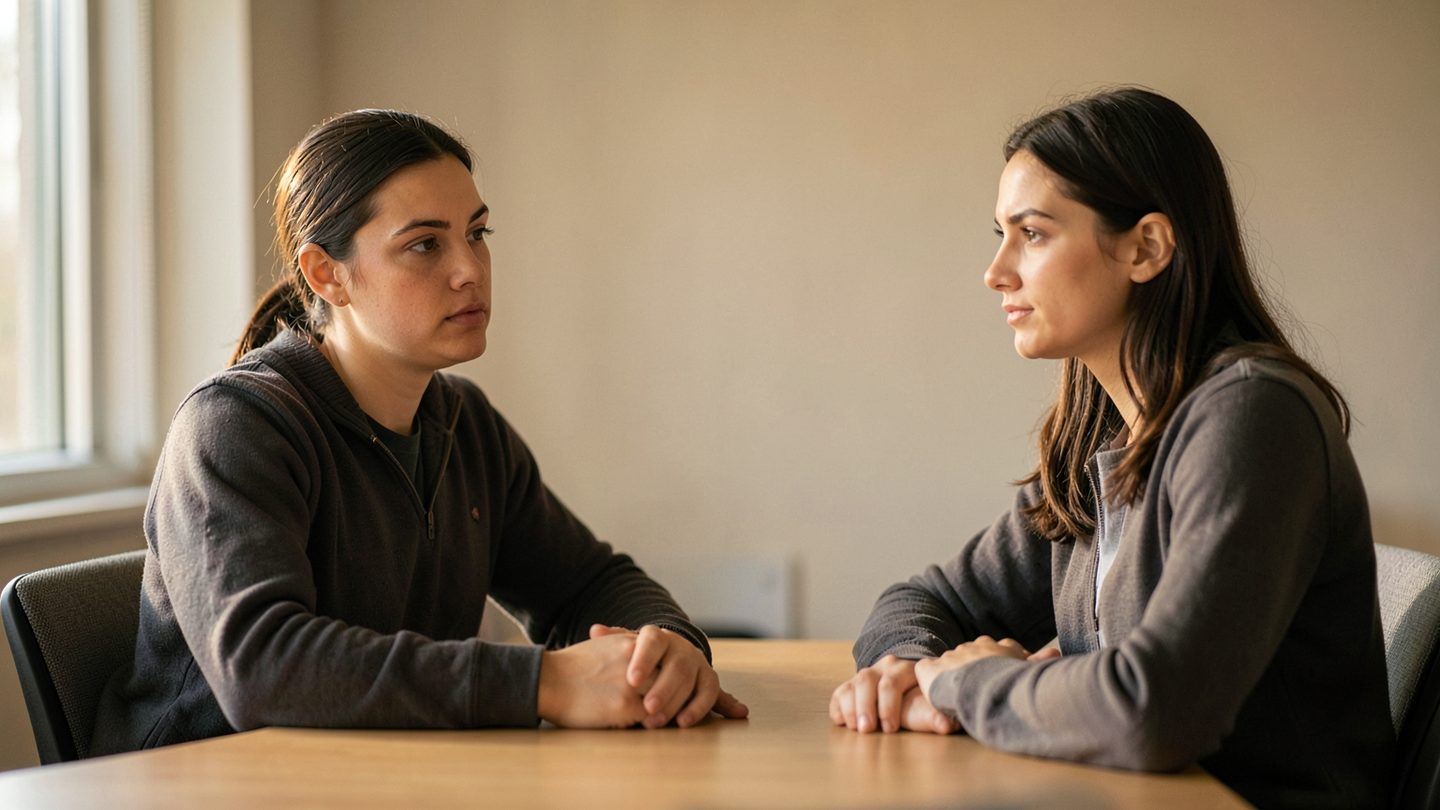Two coworkers in a small conference room have a quiet, tense but respectful conversation, with one person hesitating before setting a boundary and the other listening attentively in natural window light.